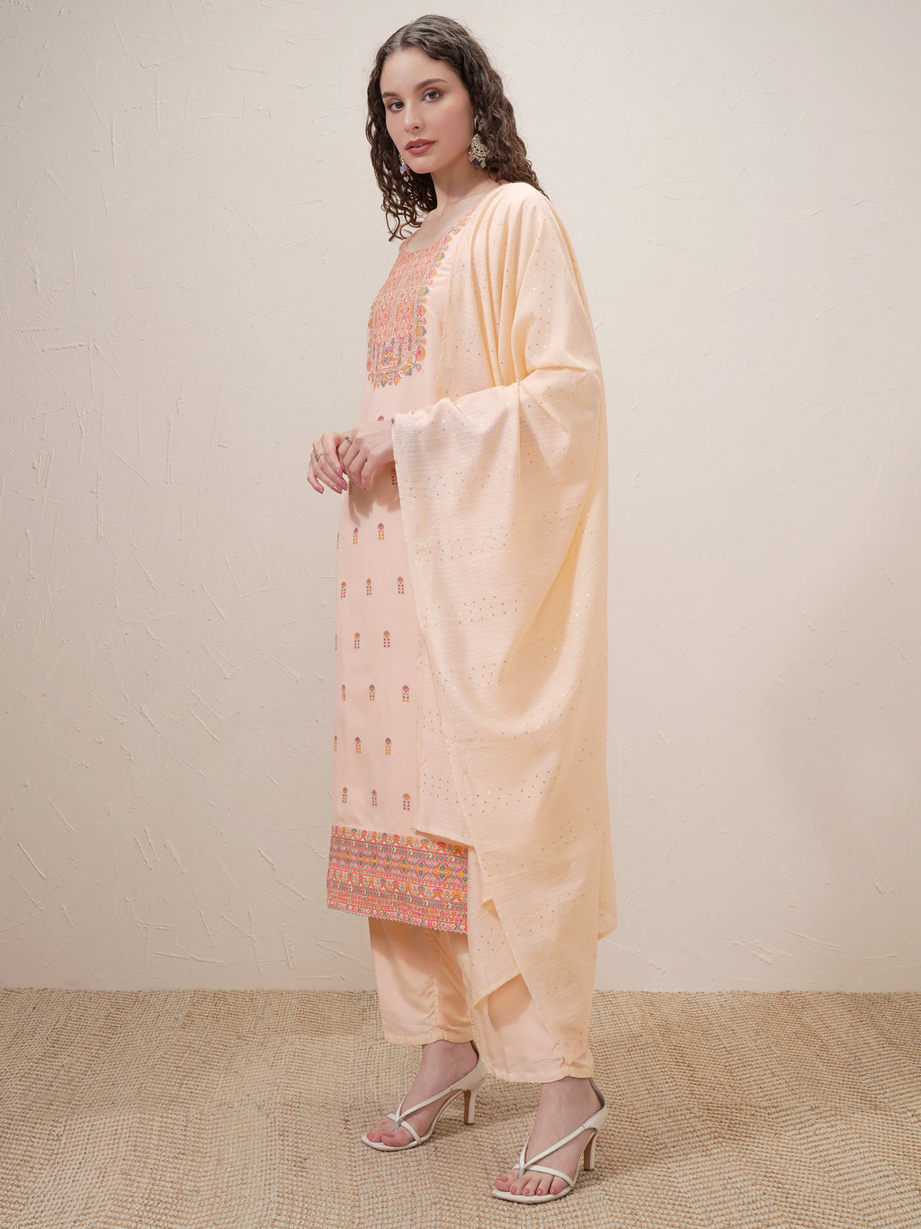 Vishudh Women Peach Embroidered Kurta With Trouser And Dupatta - Peach - Image 4