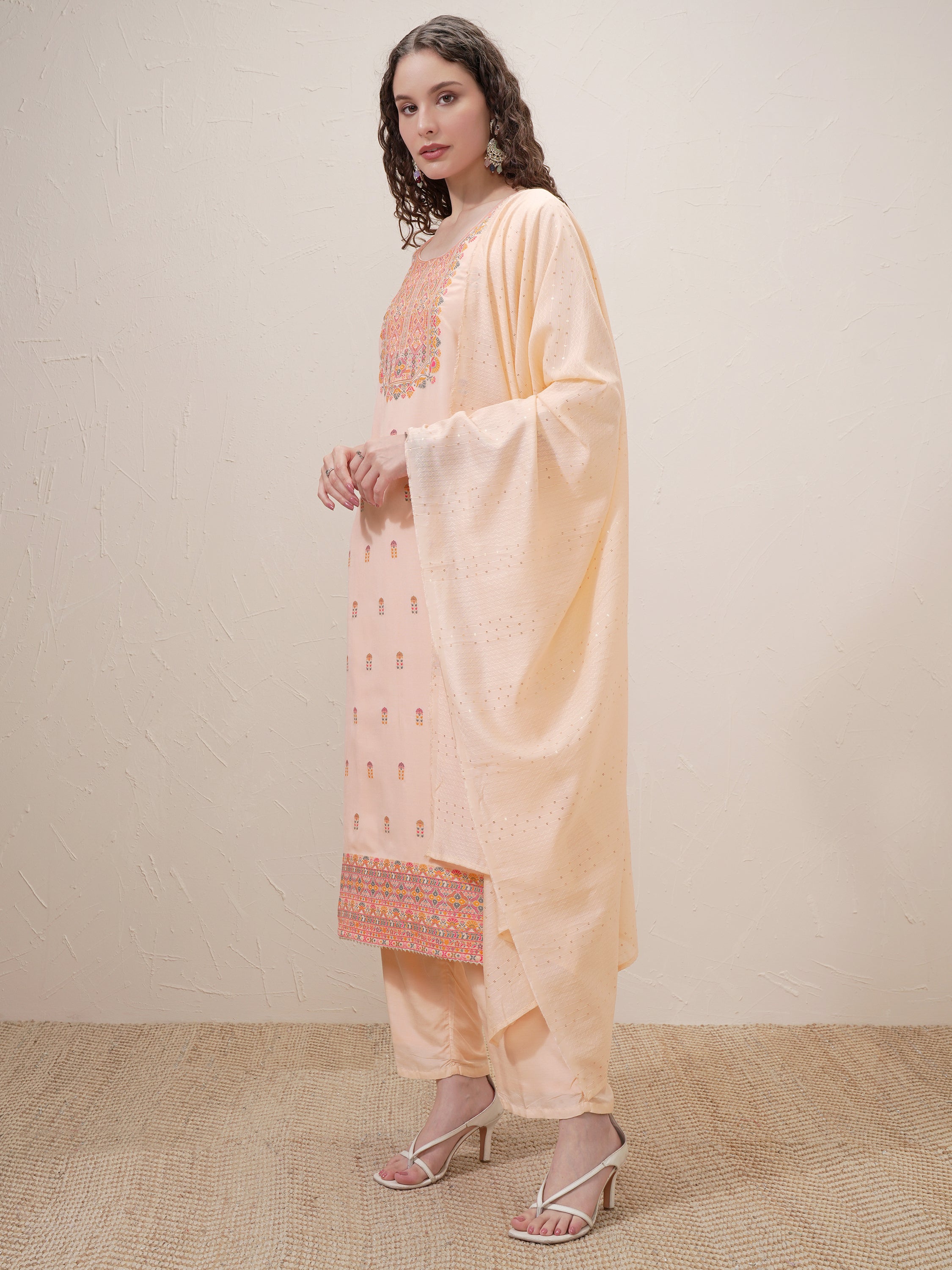 Vishudh Women Peach Embroidered Kurta With Trouser And Dupatta - Peach - Image 4
