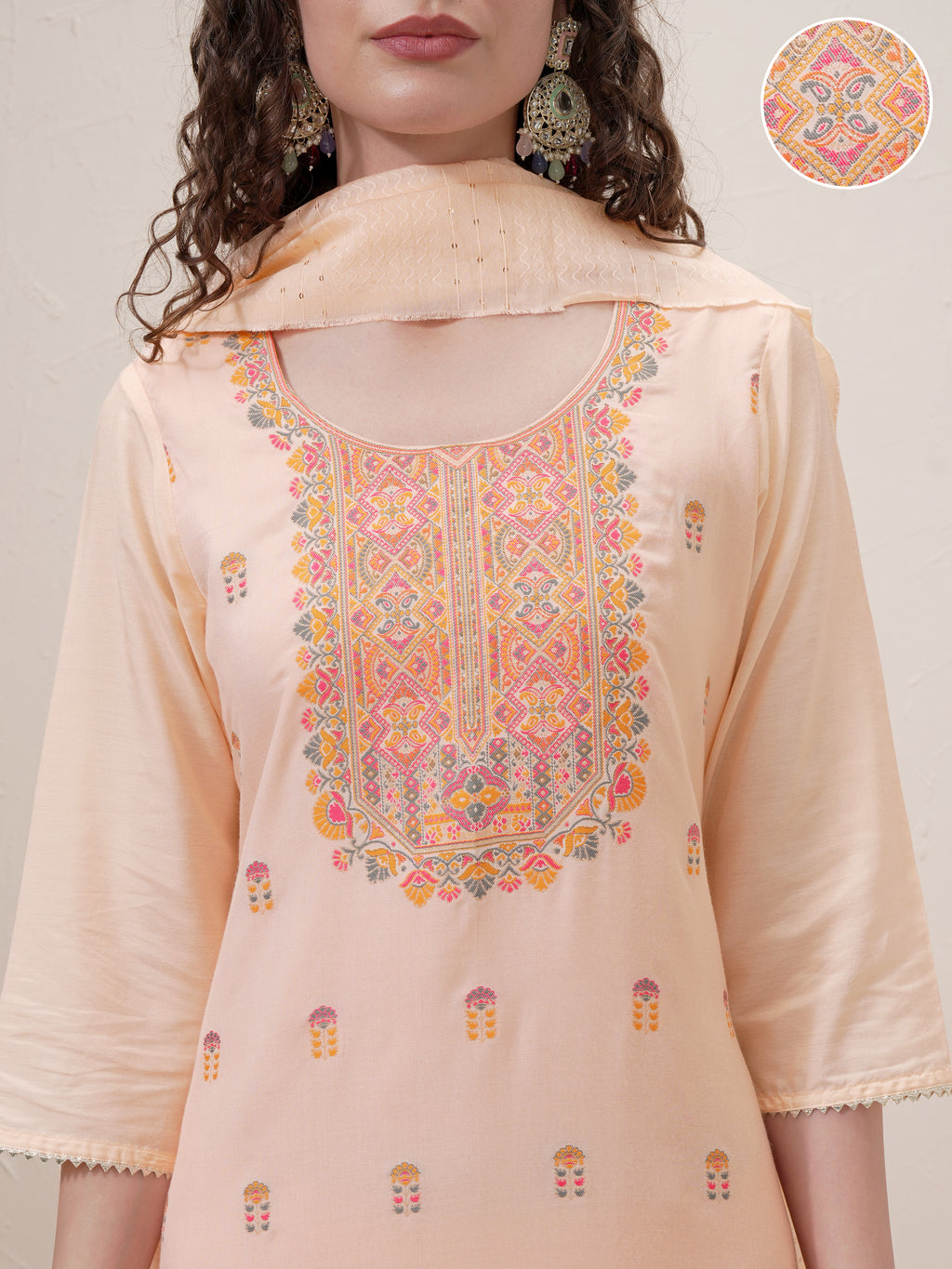 Vishudh Women Peach Embroidered Kurta With Trouser And Dupatta - Peach - Image 5