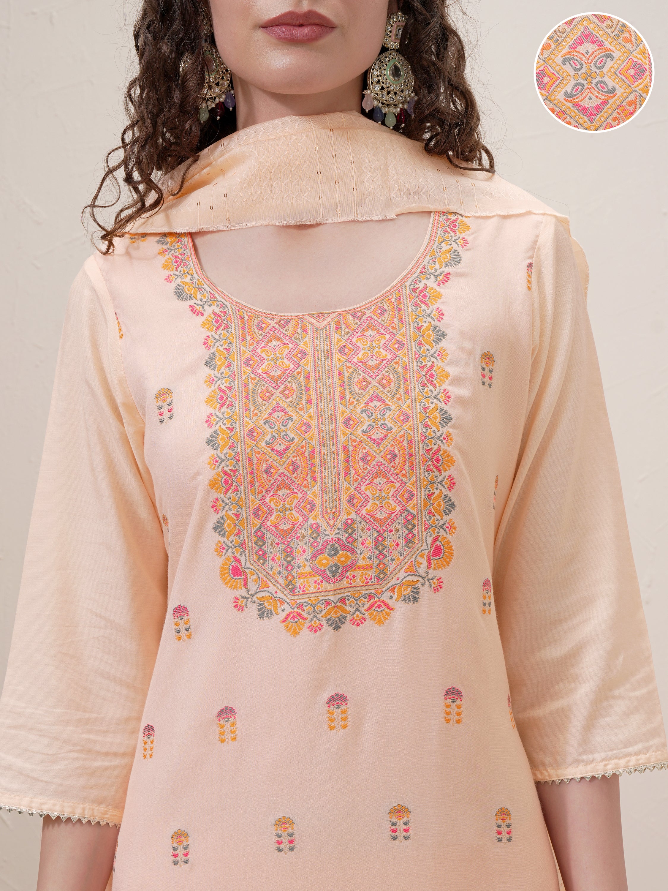 Vishudh Women Peach Embroidered Kurta With Trouser And Dupatta - Peach - Image 5