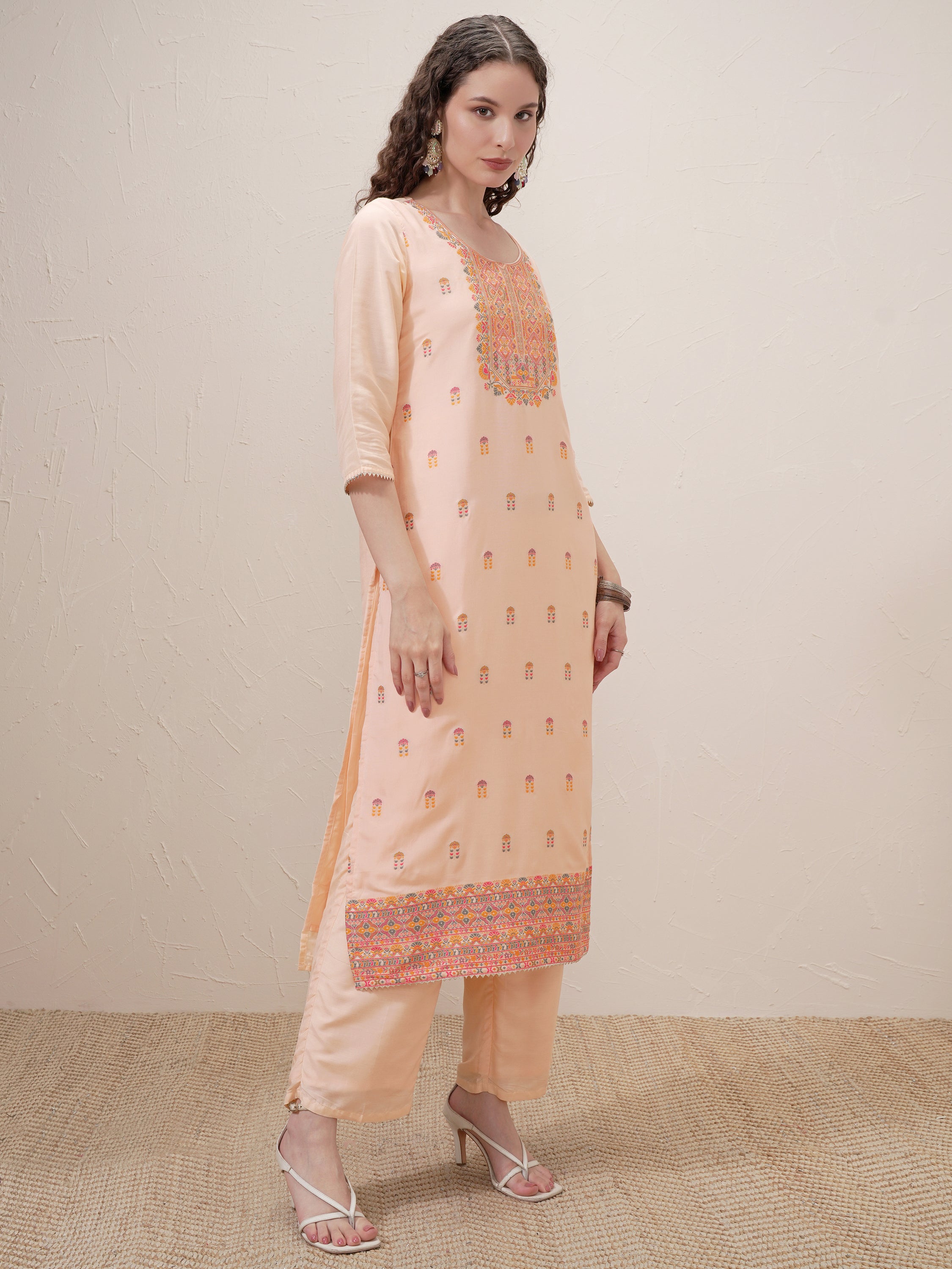 Vishudh Women Peach Embroidered Kurta With Trouser And Dupatta - Peach - Image 6
