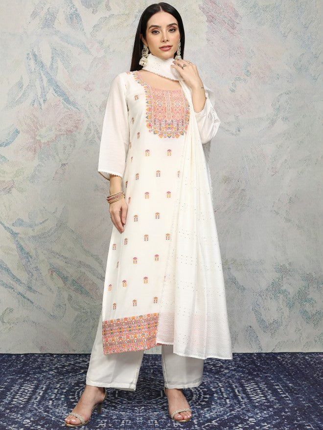 Vishudh Women Off White Printed Kurta With Trousers And Dupatta - Off White - Image 1