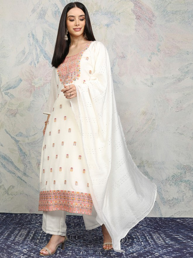 Vishudh Women Off White Printed Kurta With Trousers And Dupatta - Off White - Image 2