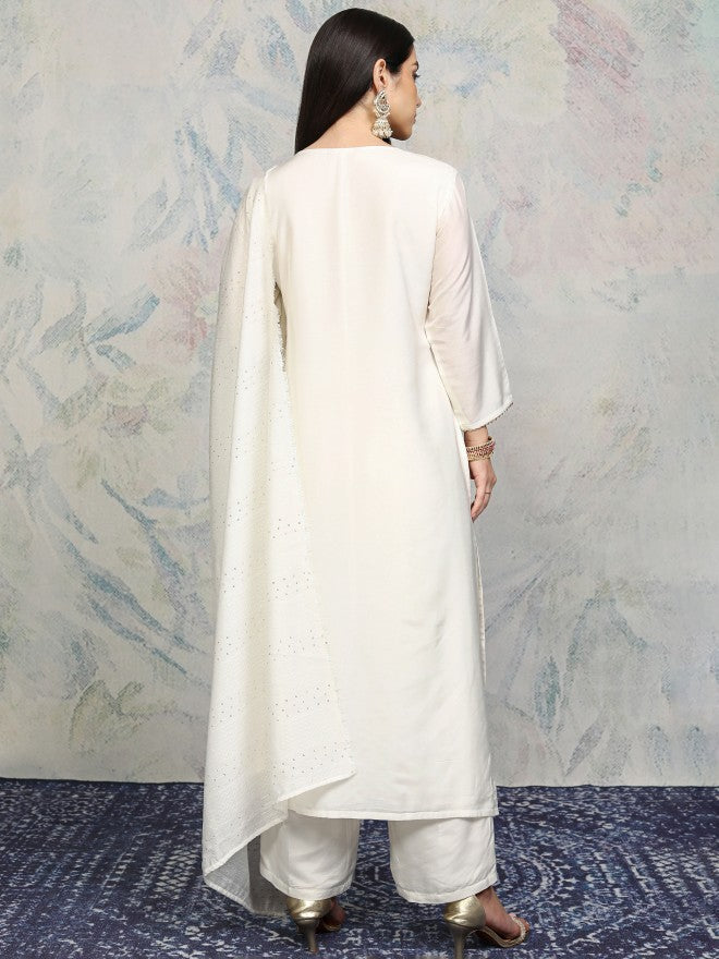 Vishudh Women Off White Printed Kurta With Trousers And Dupatta - Off White - Image 3