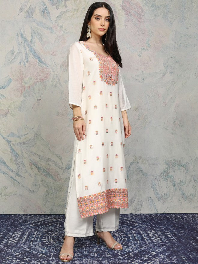 Vishudh Women Off White Printed Kurta With Trousers And Dupatta - Off White - Image 4