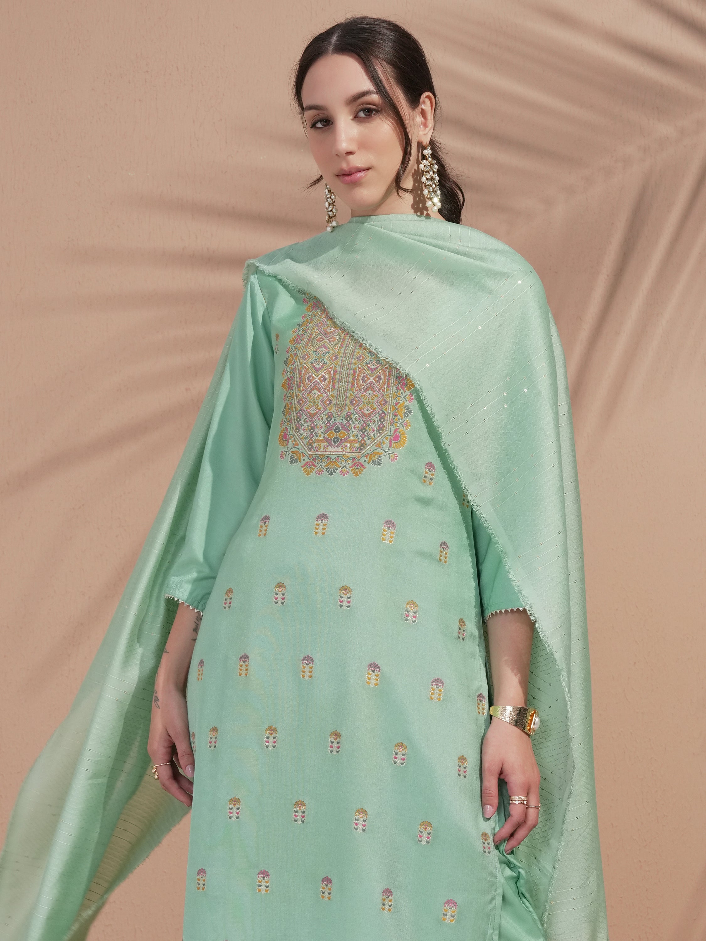 Vishudh Women Green Embroidered Kurta With Trouser And Dupatta - Green - Image 1