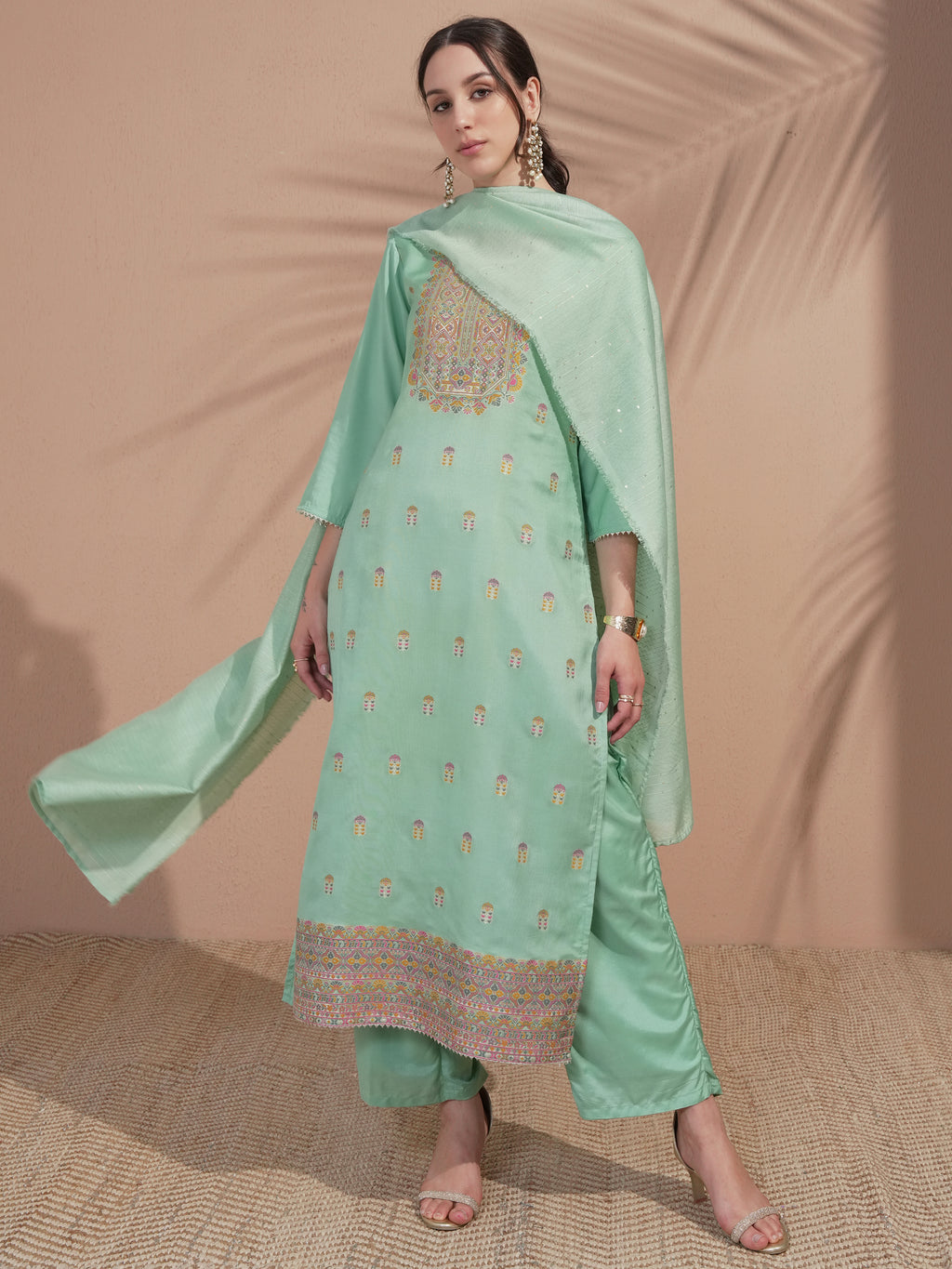 Vishudh Women Green Embroidered Kurta With Trouser And Dupatta - Green - Image 2