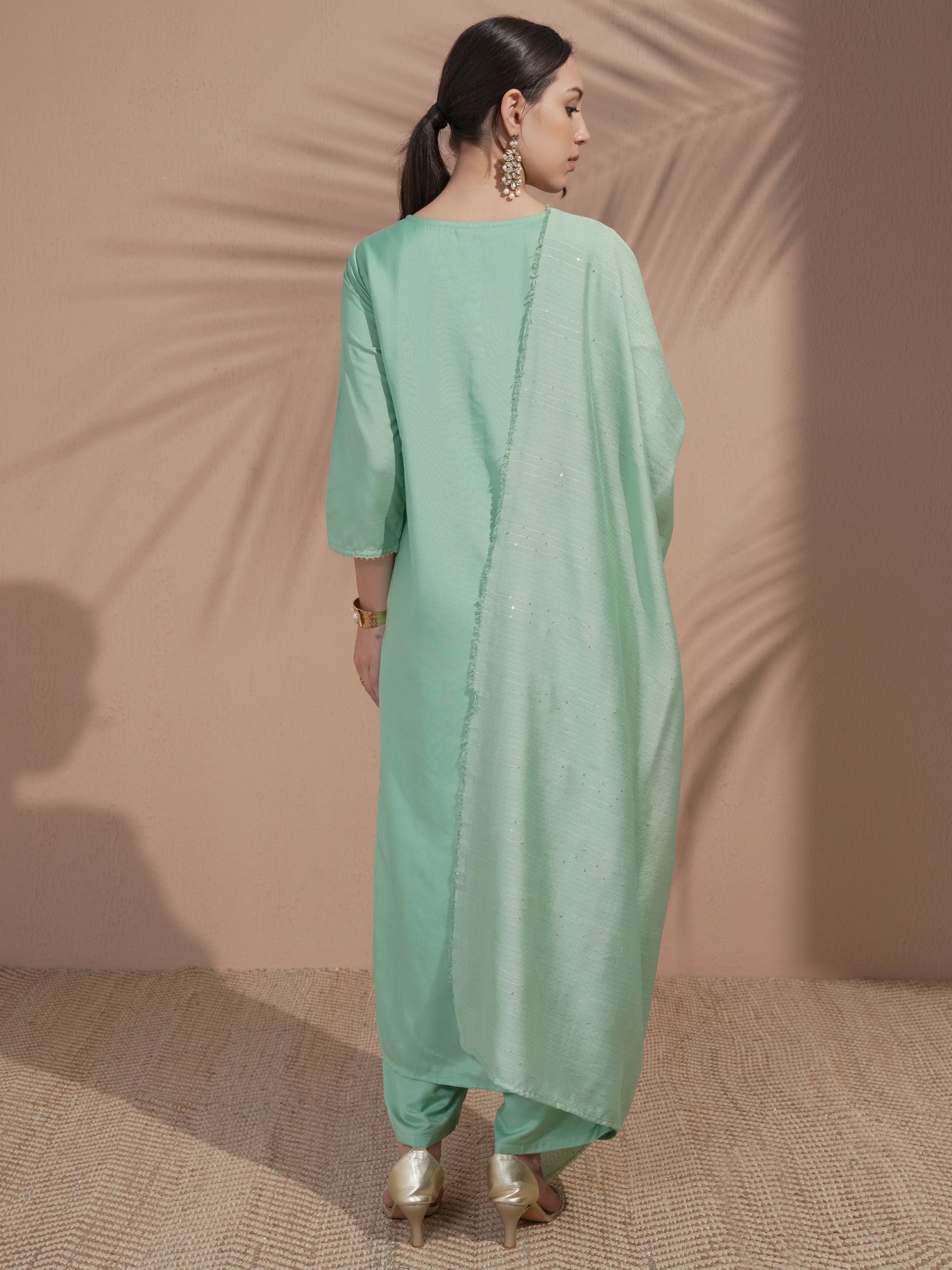 Vishudh Women Green Embroidered Kurta With Trouser And Dupatta - Green - Image 3