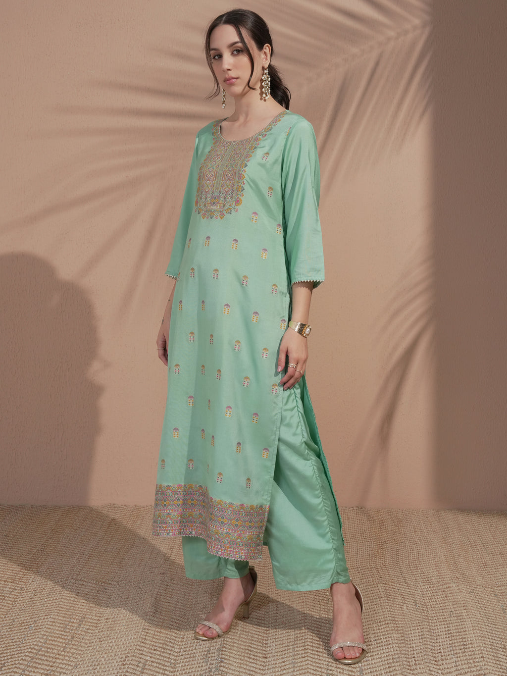 Vishudh Women Green Embroidered Kurta With Trouser And Dupatta - Green - Image 4