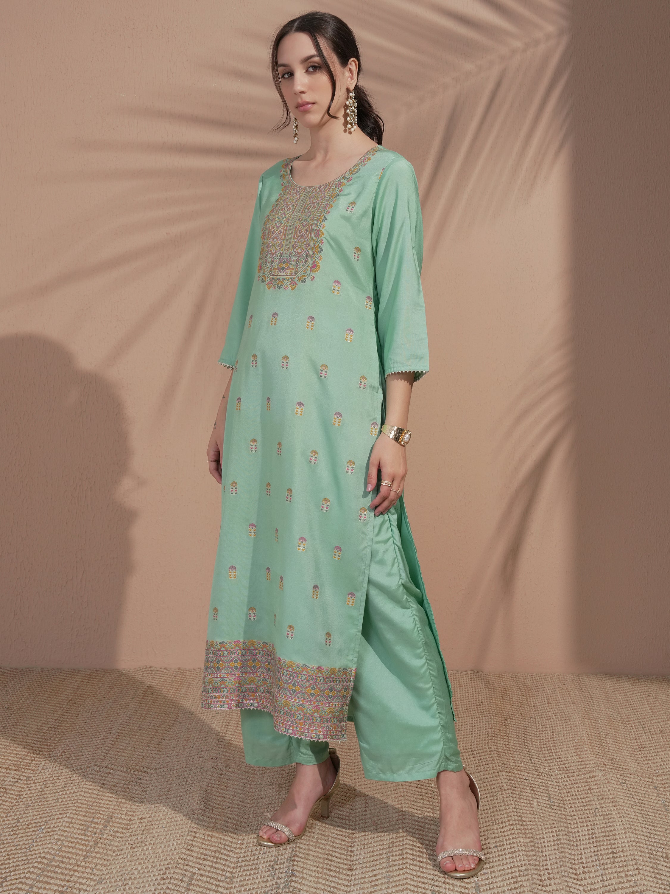 Vishudh Women Green Embroidered Kurta With Trouser And Dupatta - Green - Image 4