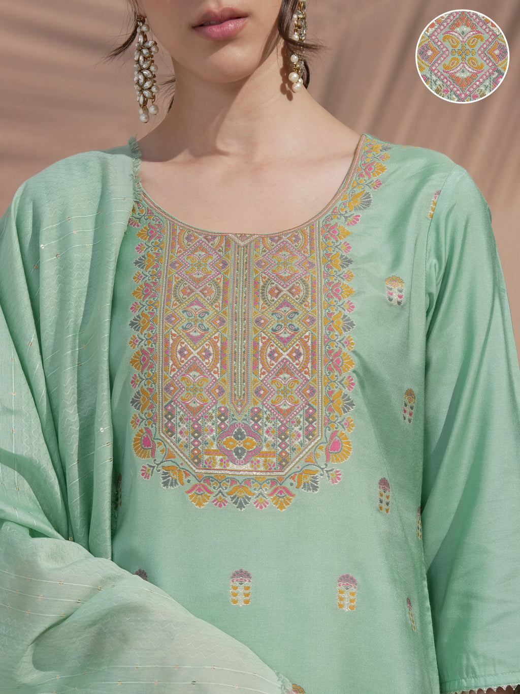 Vishudh Women Green Embroidered Kurta With Trouser And Dupatta - Green - Image 5