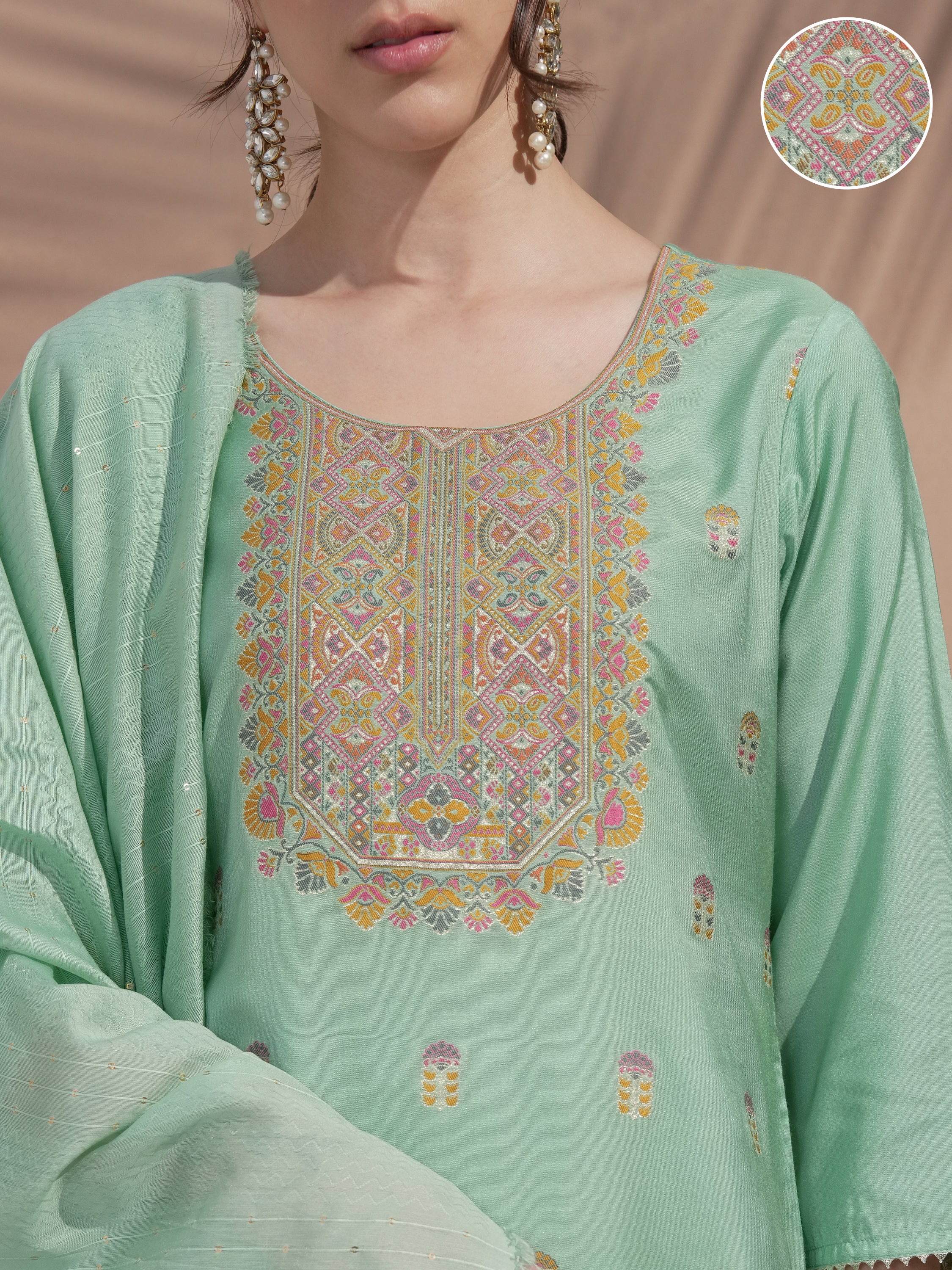 Vishudh Women Green Embroidered Kurta With Trouser And Dupatta - Green - Image 5