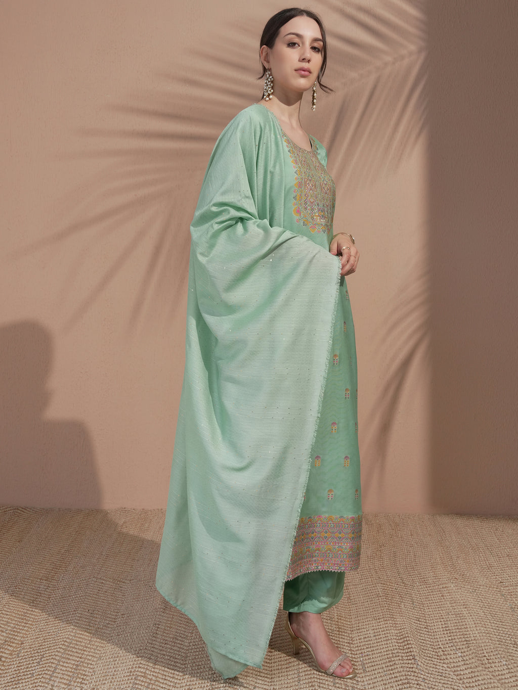 Vishudh Women Green Embroidered Kurta With Trouser And Dupatta - Green - Image 6