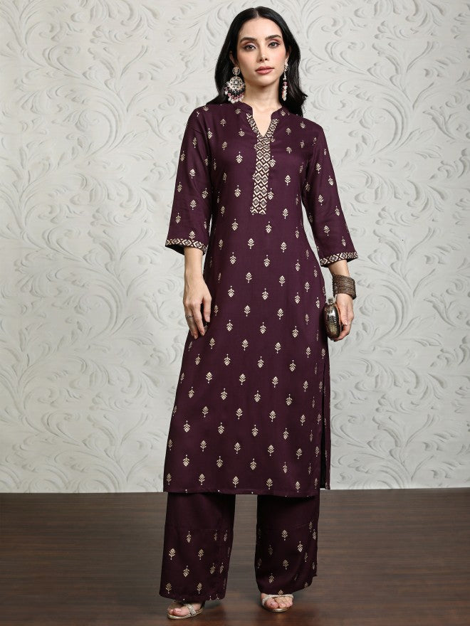 Vishudh Women Maroon Printed Kurta With Palazzos - Maroon - Image 2