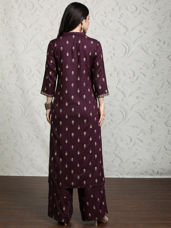 Vishudh Women Maroon Printed Kurta With Palazzos - Maroon - Image 3