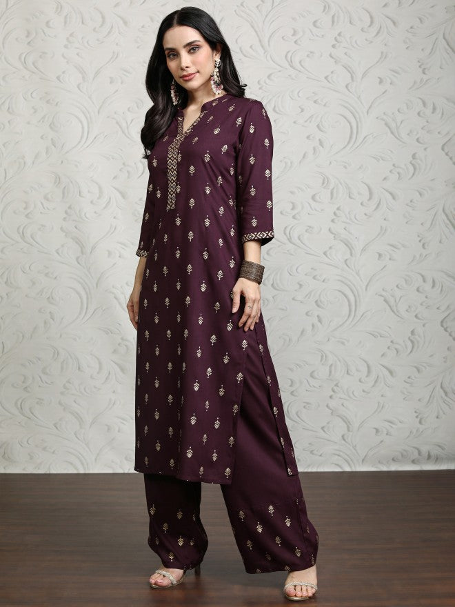 Vishudh Women Maroon Printed Kurta With Palazzos - Maroon - Image 4