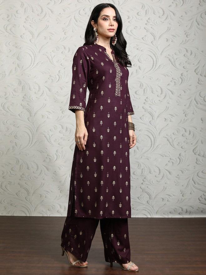 Vishudh Women Maroon Printed Kurta With Palazzos - Maroon - Image 6