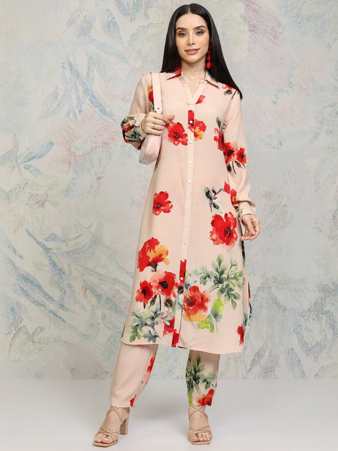 Vishudh Women Beige Printed Kurta With Trousers - Beige - Image 1