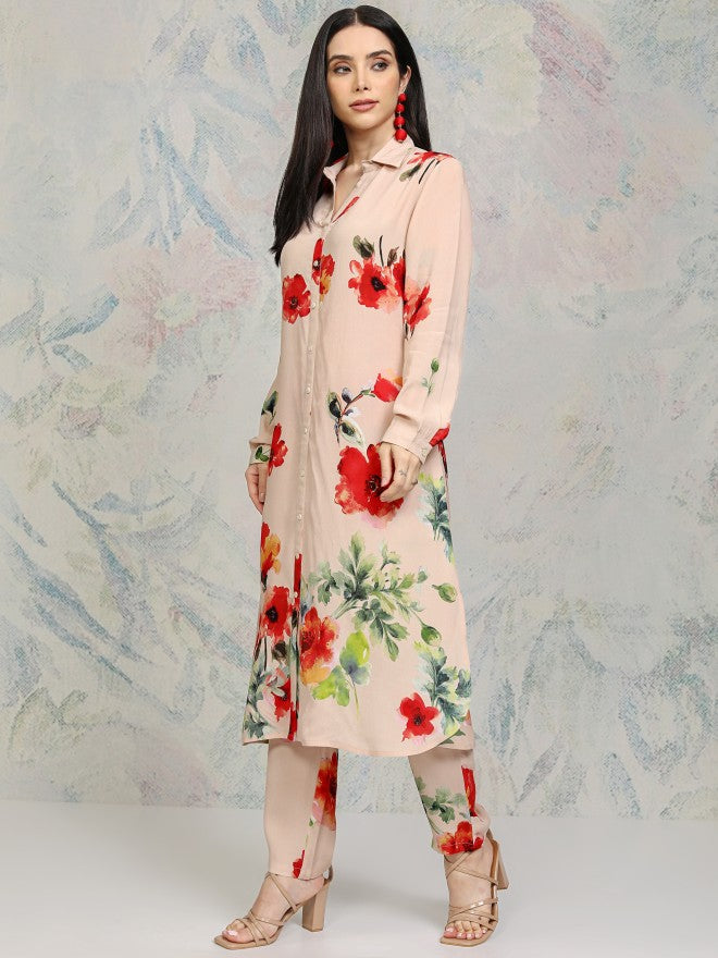 Vishudh Women Beige Printed Kurta With Trousers - Beige - Image 2