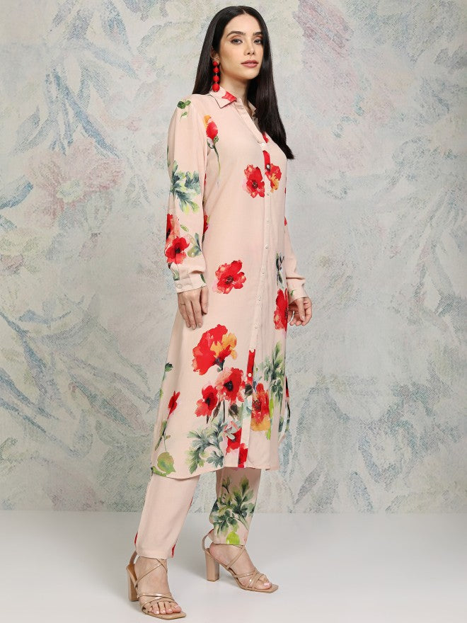 Vishudh Women Beige Printed Kurta With Trousers - Beige - Image 4
