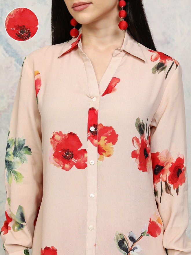 Vishudh Women Beige Printed Kurta With Trousers - Beige - Image 5