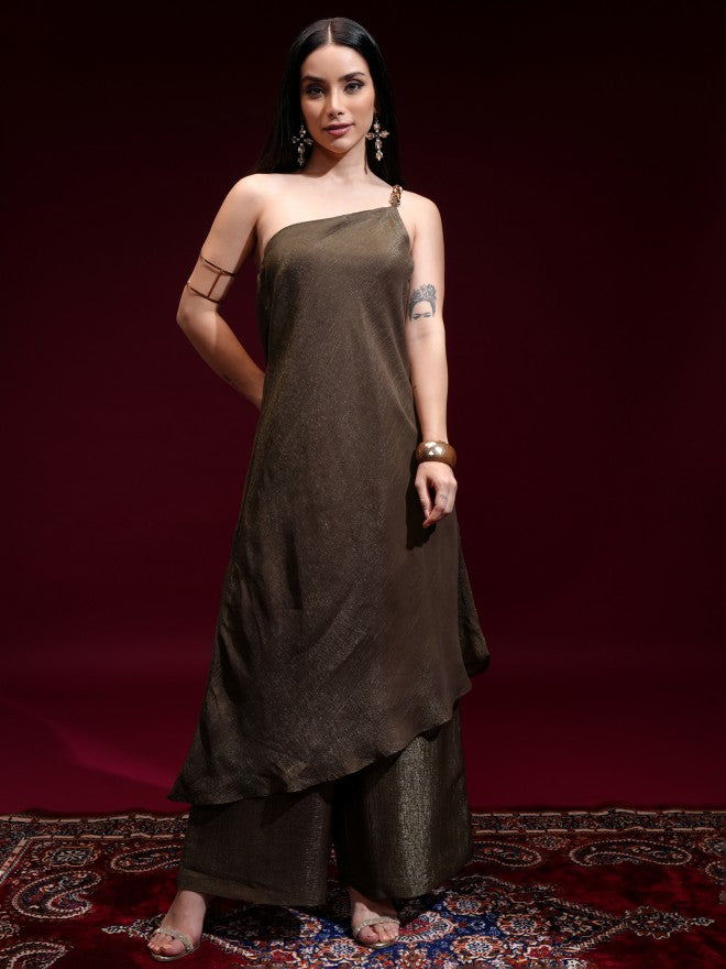 Vishudh Women Brown Solid Kurta With Trouser - Brown - Image 2