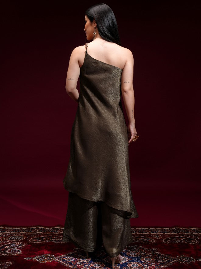 Vishudh Women Brown Solid Kurta With Trouser - Brown - Image 3