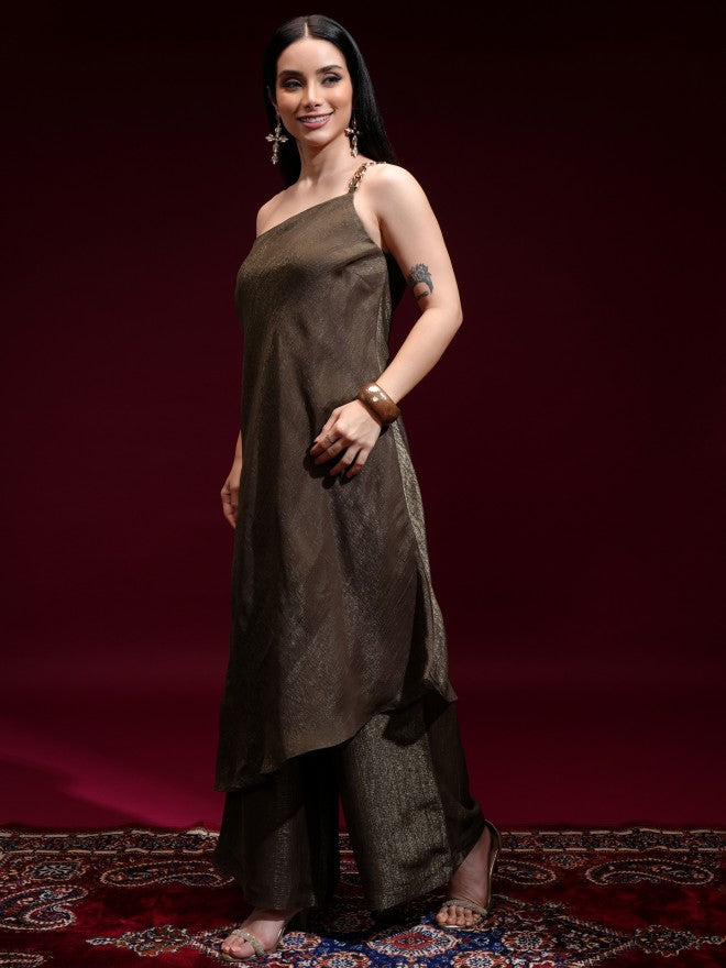 Vishudh Women Brown Solid Kurta With Trouser - Brown - Image 4