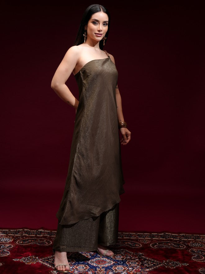 Vishudh Women Brown Solid Kurta With Trouser - Brown - Image 6