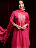 Vishudh Women Magenta Printed Kurta With Trouser And Dupatta - Magenta - Image 1