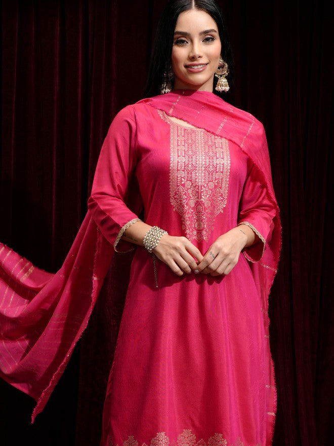 Vishudh Women Magenta Printed Kurta With Trouser And Dupatta - Magenta - Image 1
