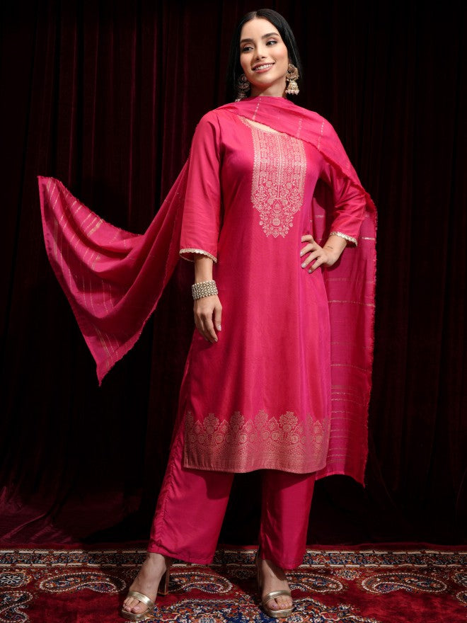 Vishudh Women Magenta Printed Kurta With Trouser And Dupatta - Magenta - Image 2