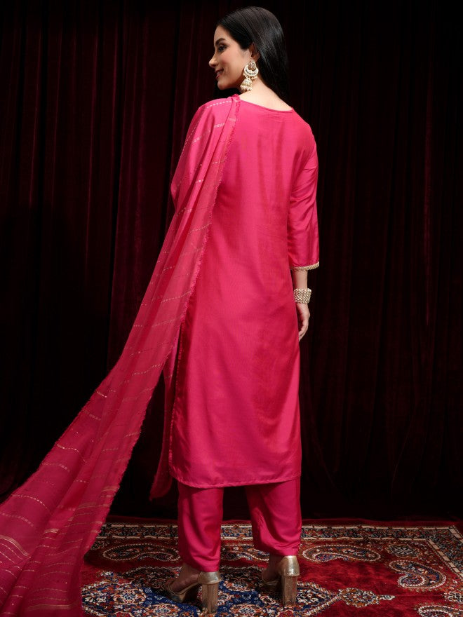 Vishudh Women Magenta Printed Kurta With Trouser And Dupatta - Magenta - Image 3