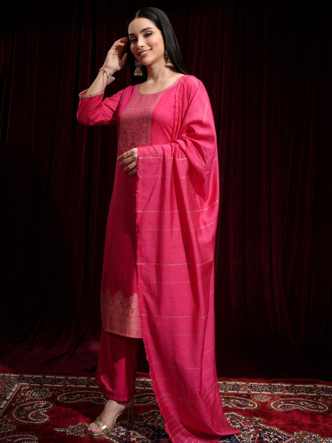 Vishudh Women Magenta Printed Kurta With Trouser And Dupatta - Magenta - Image 4