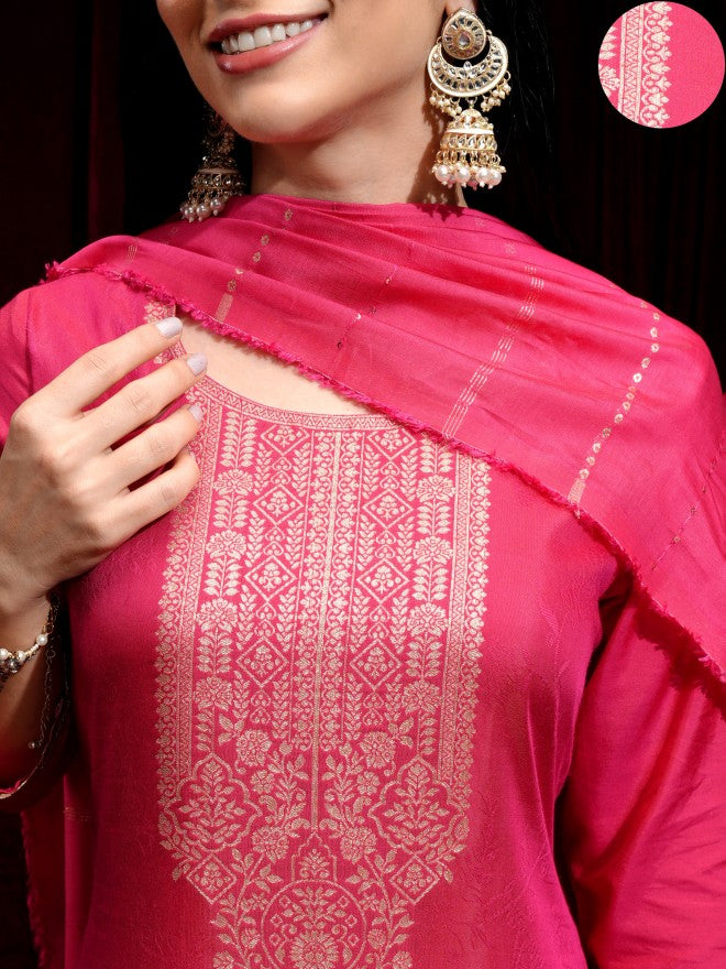 Vishudh Women Magenta Printed Kurta With Trouser And Dupatta - Magenta - Image 5