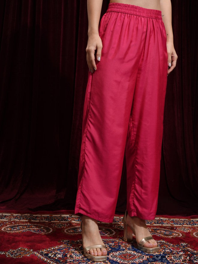 Vishudh Women Magenta Printed Kurta With Trouser And Dupatta - Magenta - Image 7