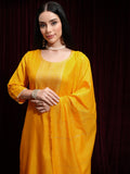 Vishudh Women Mustard Printed Kurta With Trouser And Dupatta - Mustard - Image 1