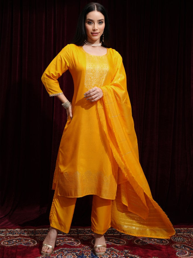 Vishudh Women Mustard Printed Kurta With Trouser And Dupatta - Mustard - Image 2