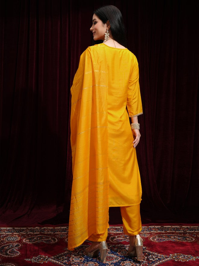 Vishudh Women Mustard Printed Kurta With Trouser And Dupatta - Mustard - Image 3