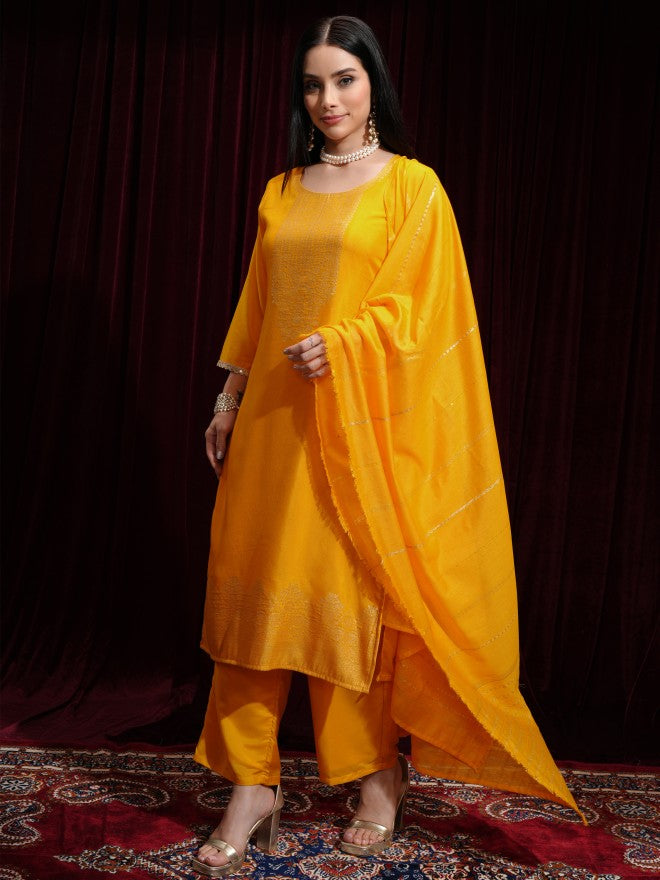 Vishudh Women Mustard Printed Kurta With Trouser And Dupatta - Mustard - Image 4