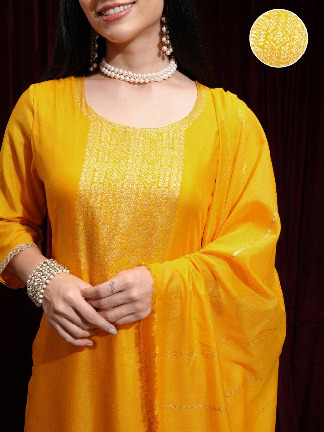Vishudh Women Mustard Printed Kurta With Trouser And Dupatta - Mustard - Image 5