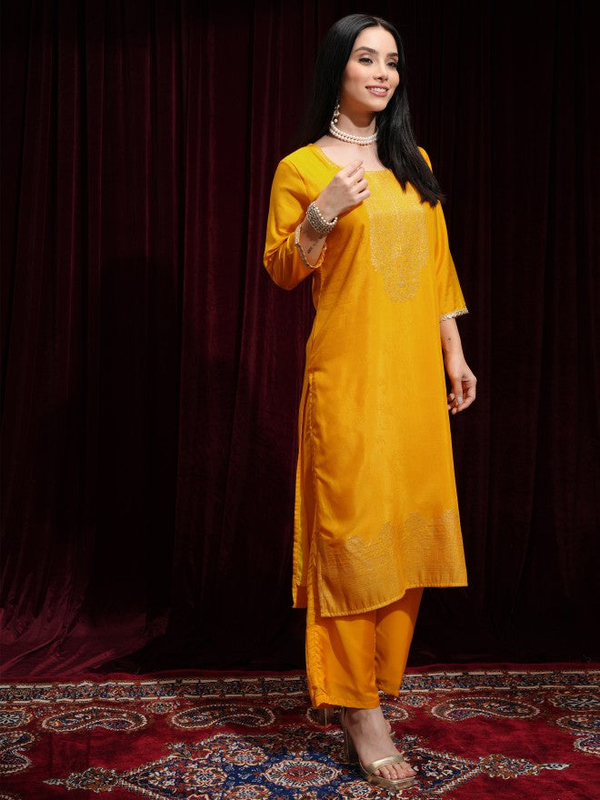 Vishudh Women Mustard Printed Kurta With Trouser And Dupatta - Mustard - Image 6