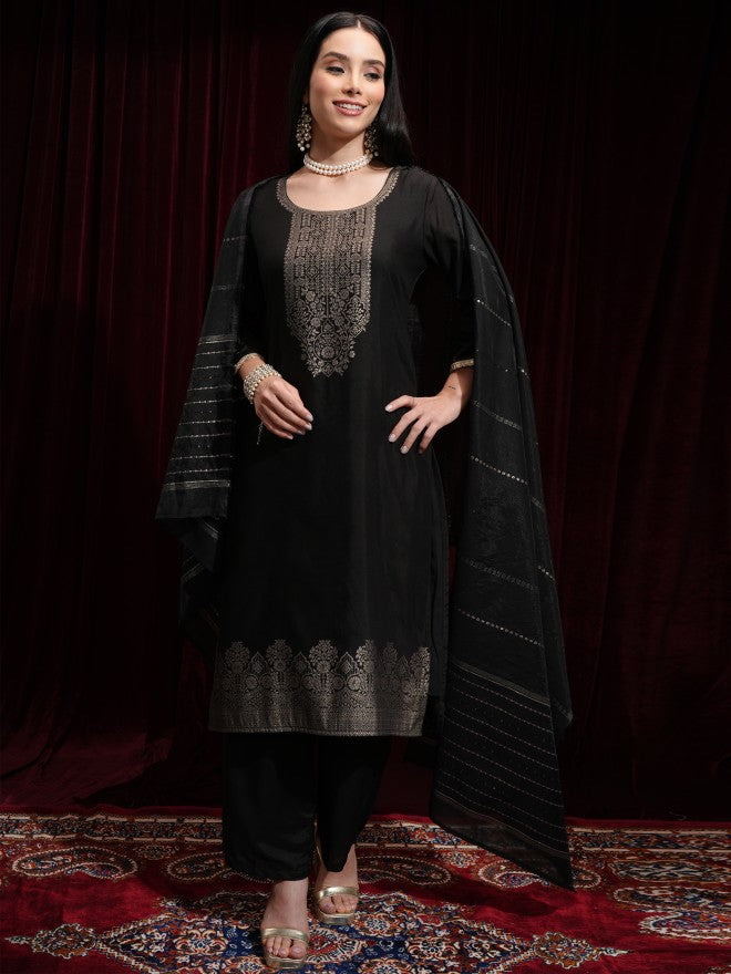 Vishudh Women Black Printed Kurta With Trouser And Dupatta - Black - Image 2