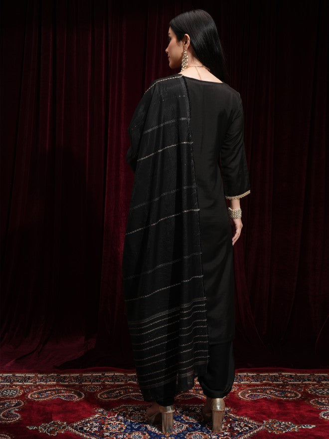 Vishudh Women Black Printed Kurta With Trouser And Dupatta - Black - Image 3