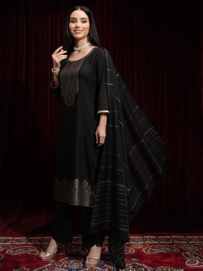 Vishudh Women Black Printed Kurta With Trouser And Dupatta - Black - Image 4