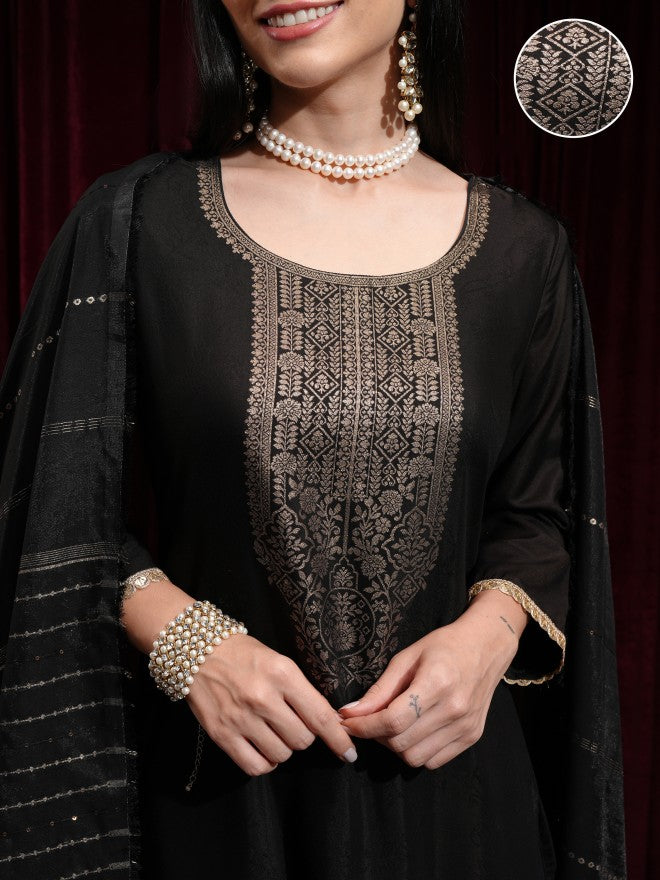 Vishudh Women Black Printed Kurta With Trouser And Dupatta - Black - Image 5