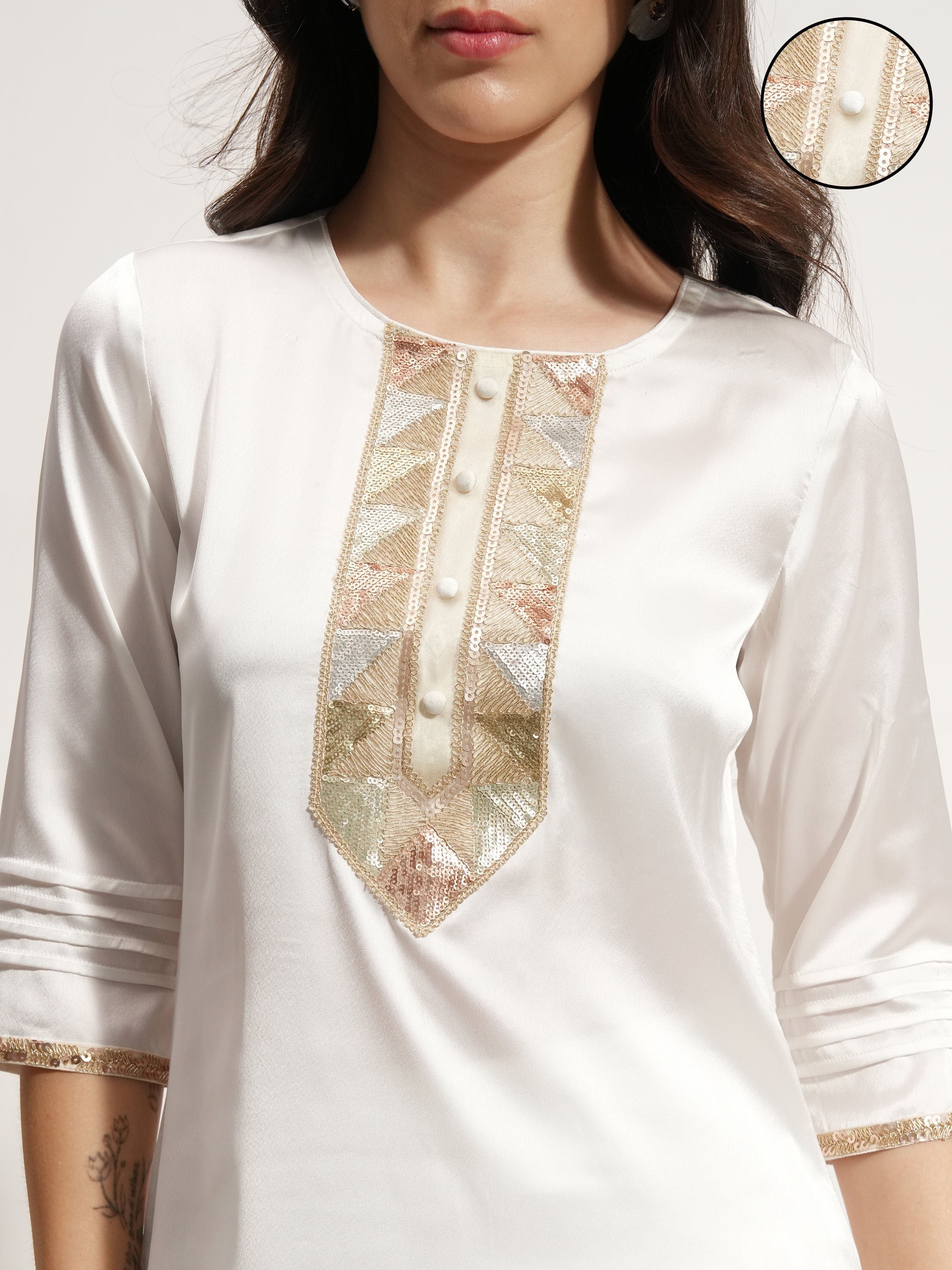 Vishudh Women White Embroidered Kurta With Palazzo - White - Image 5