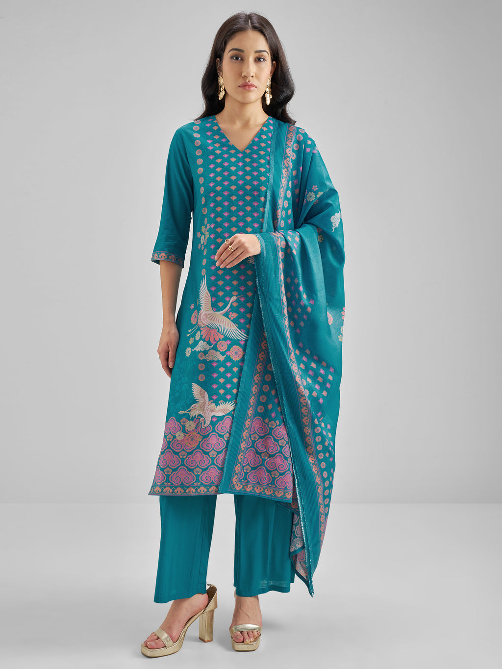 Vishudh Women Teal Printed Kurta With Trouser And Dupatta - Teal - Image 1