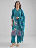 Vishudh Women Teal Printed Kurta With Trouser And Dupatta - Teal - Image 1