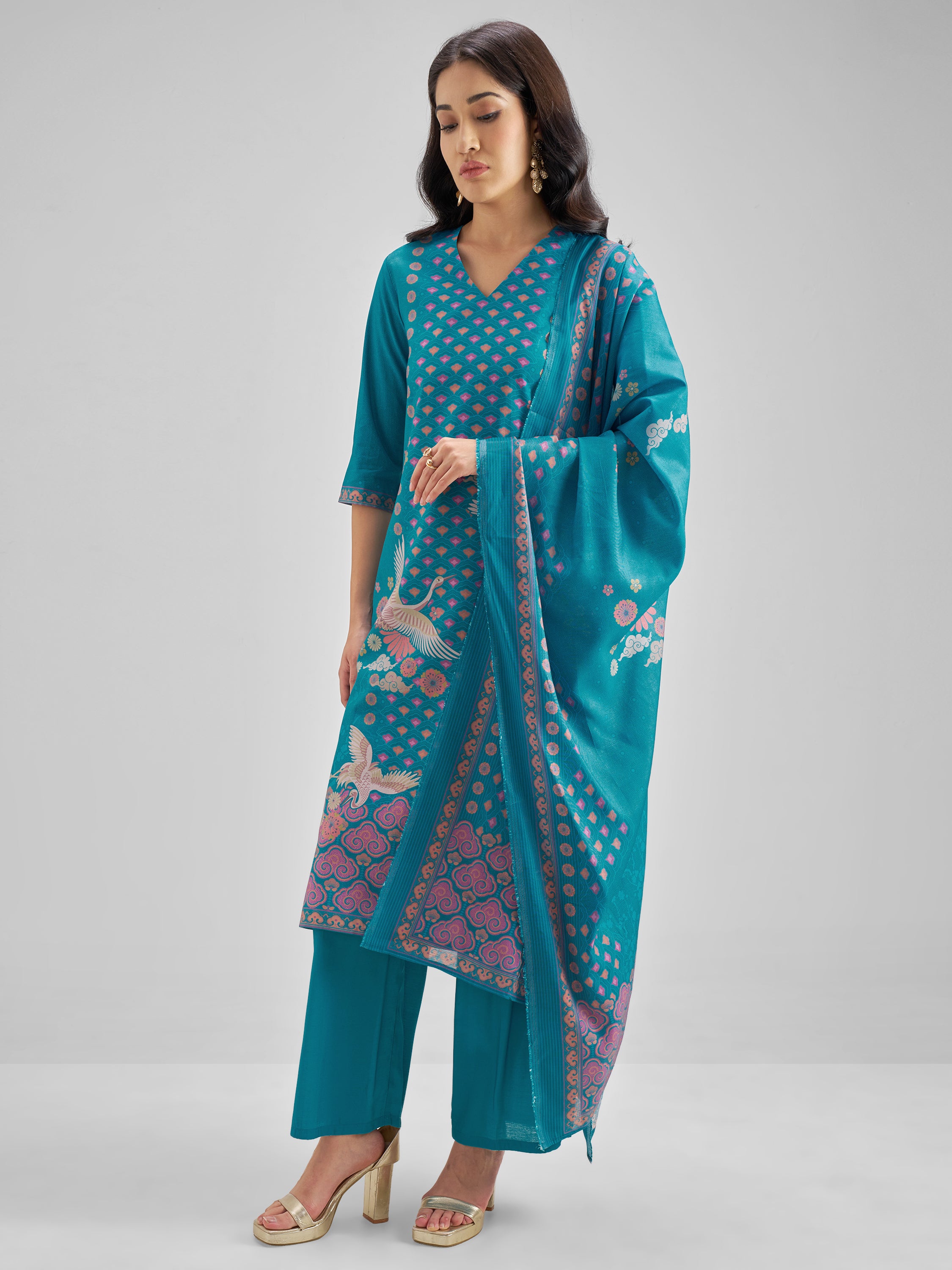Vishudh Women Teal Printed Kurta With Trouser And Dupatta - Teal - Image 2